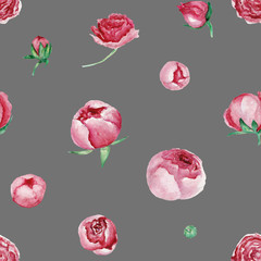 Watercolor pink flowers seamless pattern,  gray background