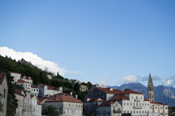 Naklejka premium Vista of Perast with Church and Houses, Montenegro