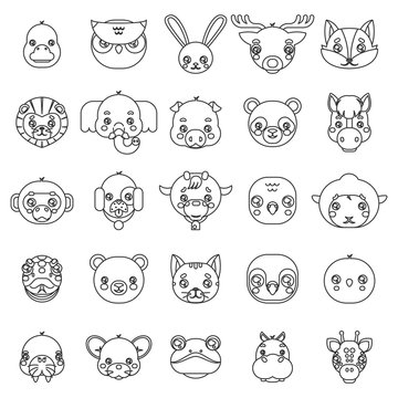 Lineart Isolated animals cute baby cartoon cubs flat design head icons set character vector illustration