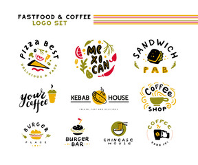 Collection of vector flat fast food and coffee logo set isolated on white background. Hand drawn elements, dish icons. Perfect for restaurant, cafe, bars and fast food insignia banners, symbols.