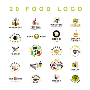 Collection of 20 vector flat meal, fast food, coffee and alcohol logo and icons set isolated on white background. Hand drawn dish elements. Good for restaurant, cafe, catering, bars insignia banners.