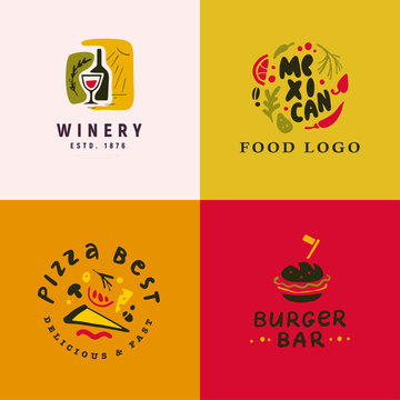 Collection of vector flat food and alcohol logo set isolated on white background. Hand drawn elements, dish icons. Perfect for restaurant, cafe, catering bars and fast food insignia banners, symbols.