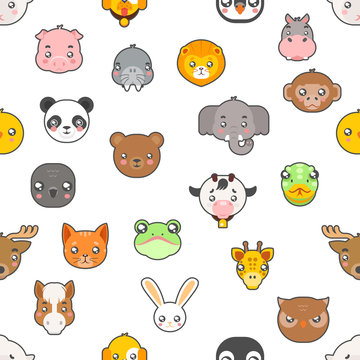 Seamless pattern Isolated animals cute baby cartoon cubs flat design head icons set character vector illustration