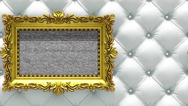 Camera moves along gold picture frames on luxury white upholstery background. Seamless looped 3d animation. Mockup with tv noise and green screen.