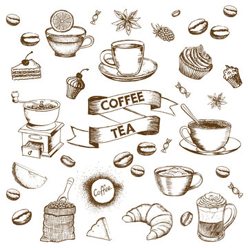 Cup Of Coffee And Coffee Beans. Hand Drawn Vector Background In Vintage Style.