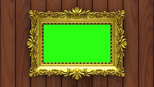 Luxury gold picture frame on background of rapidly changing textures of wood and upholstery. 3D animation, seamless loop, green screen.
