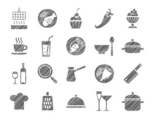Cooking, icon, grey, shading with pencil, vector.  Products and kitchen utensils. Hatching with a gray pencil on a white field. Imitation. Vector clip art.  