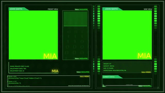 Green Screen Generic Futuristic Army Soldier Profile Interface Corner Pin Angle- MIA