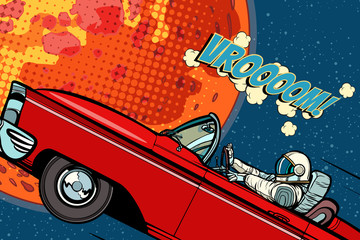 Naklejka premium Astronaut in a car over the planet Mars