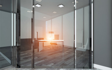 Conference room with wooden table. 3D rendering.. Sunset