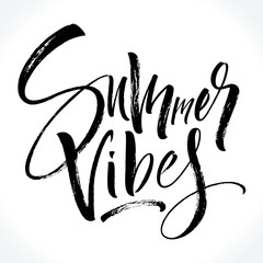 Summer Vibes lettering. Modern calligraphy template for T-shirt, home decor, greeting card, prints and posters or photography overlay. Dry brush painted letters, vector illustration.