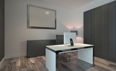 Fototapeta na wymiar Front view of an office interior with a row of dark wood tables. 3D rendering.. Blank paintings