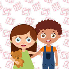 cute little kids boy and girl embrace friends with alphabet blocks background vector illustration