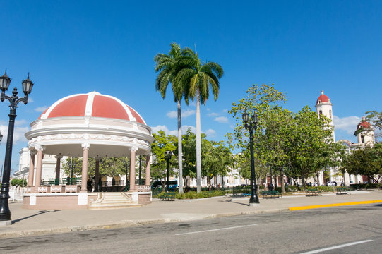 Jose Marti Park, the main square of Cienfuegos, in front of the Purisima Concepcion Cathedral. Cienfuegos, Cuba.