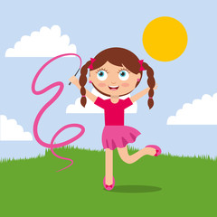 cute little girl playing jump with ribbon in the park vector illustration