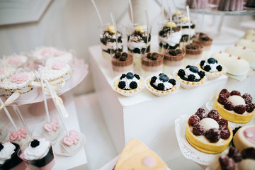 Delicious white wedding Candy bar. Table with sweets, candies, dessert