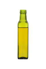 olive oil in a green glass bottle isolated on a white background