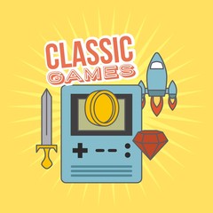 classic games console coin rocket sword diamond icons vector illustration
