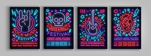 Rock Festival set of posters in neon style. Collection neon sign, an invitation to the concert brochure on roknrol music, bright banner, flyer for festivals, parties and concerts. Vector illustration