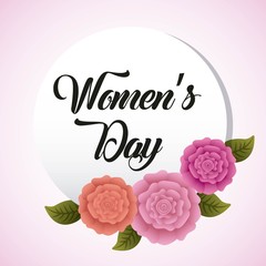 round invitation womens day with frame leaves and flowers vector illustration