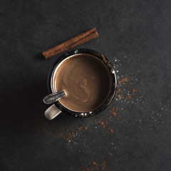 Vintage mug of hot cocoa with cinnamon sticks