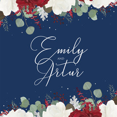 Wedding floral invite, invitation save the date card design with red and white garden rose flowers, seeded eucalyptus branches, leaves, amaranthus frame on navy blue background. Vector trendy layout