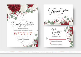 Wedding floral invite, save the date, thank you, rsvp card design with red and white garden rose flowers, seeded eucalyptus branches, green leaves, amaranthus delicate decor. Vector art templates set