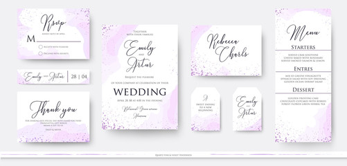 Wedding invite thank you, rsvp menu card design set with abstract watercolor decoration in light tender dusty pink, rosy and violet color on white background. Vector trendy modern romantic art layout