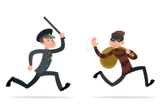 Thief Escape Loot Policeman Run Character Retro Cartoon Design Vector Illustration