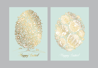 Gold easter egg with folk decorative pattern. - obrazy, fototapety, plakaty