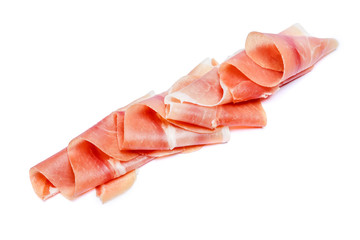 Italian prosciutto crudo or spanish jamon. Raw ham on white background.