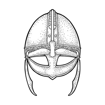 Viking medieval helmet. Engraving vintage black illustration.