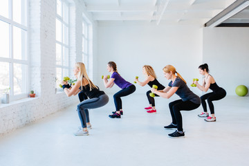 Side view group of six athletic women doing squatting exercises with dumbbells in gym. Full height. Teamwork, good mood and healthy lifestyle concept.