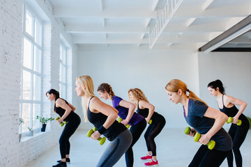 Side view group of six athletic women doing squatting exercises with dumbbells in gym. Full height. Teamwork, good mood and healthy lifestyle concept.