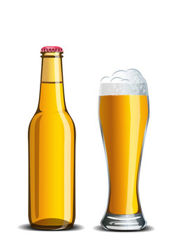 Realistic set of beer mock up, high glass goblet and bottle