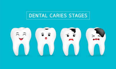 Cute cartoon tooth character show stages of caries development. Dental care concept, illustration isolated on blue background.