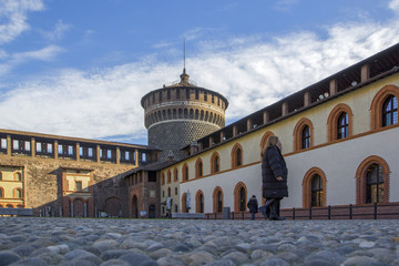 Fototapeta na wymiar Sforza Castle (Castello Sforzesco)- Italian famous landmark, Milan, Italy.
