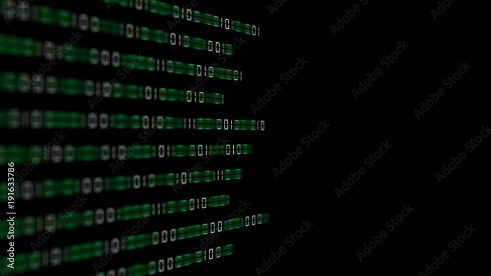 Poster the green bars transmit the binary code code to the center of the screen. depth of field. place for 