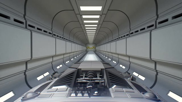 Spaceship flies out of the sci-fi tunnel and jump into hyperspace, 3d animation