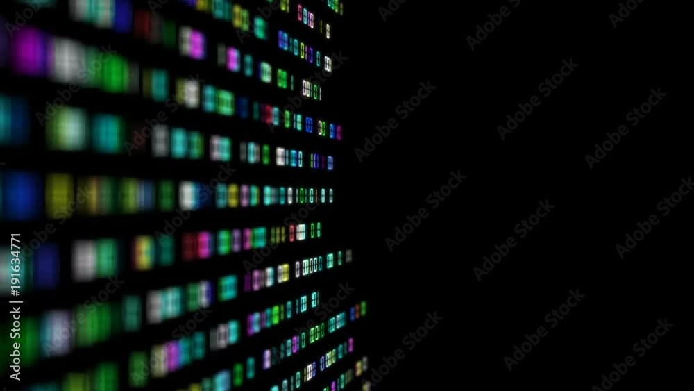 Poster multi-colored numbers transmit a binary code code to the center of the screen. depth of field. place