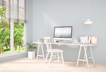 interior modern living room workspace with desk and laptop computer and green landscape in window. 3D rendering