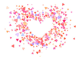 Rose color confetti with heart shapes. Romance pink background for Valentines Day, wedding invitation.