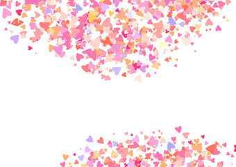 Rose color confetti with heart shapes. Romance pink background for Valentines Day, wedding invitation.
