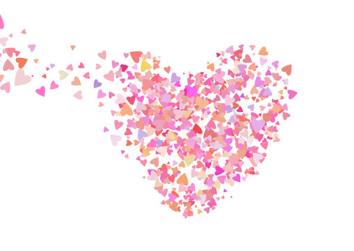 Rose color confetti with heart shapes. Romance pink background for Valentines Day, wedding invitation.