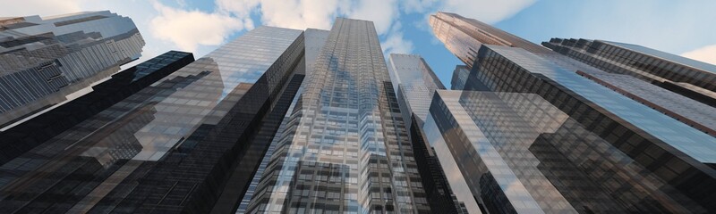 Panorama of modern high-rise buildings, skyscrapers view from below
