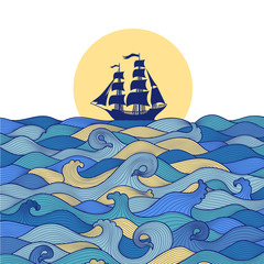 postcard banner blue sea waves and the ship at sunset