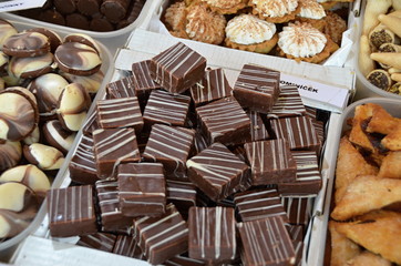 sweet pralines and pastry or candy made from chocolate and  sugar