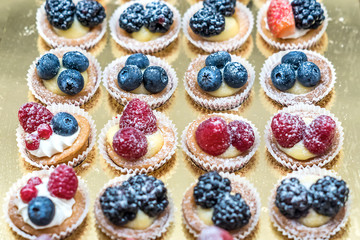 Different sort of small sweet cakes with vanilla, chocolate, berries and sugar powder