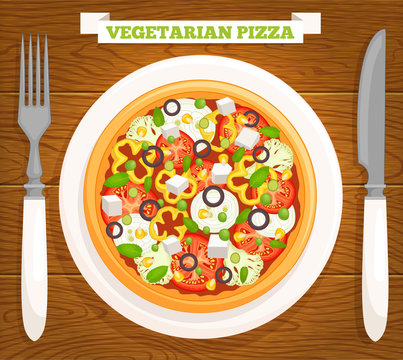 Vector vegetarian pizza on a plate. Pizza with vegetables top view.