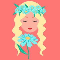 Young Lady with blue Camomile on pink background